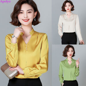Korean Women V-neck Chiffon Casual Business Work Satin Shirts Plus Tops Blouse