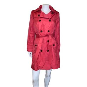 London Fog Double-Breasted Hooded Hibiscus Red Trench Coat Women's Medium NWT