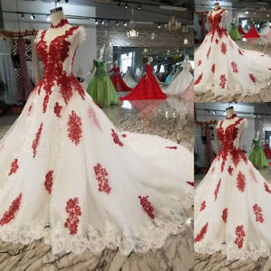 Red Lace White Wedding Dresses High Neck Cap Sleeve Piping Ruched Applique Ivory