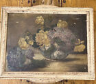 Antique Bouquet of Yellow Roses with Blue and Purple Flowers - Oil on Canvas