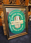 Vtg Heineken Lager Beer Holland Wood Framed Glass Mirror Bar Pub Sign 13.5x10.75