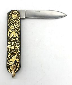 GORGEOUS Vintage Gold Inlay Pocket Knife - Spain Toledo Damascene, Aitor Inox T6