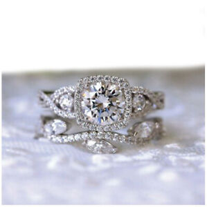 Promise Bridal Set Ring 7MM Round Moissanite Engagement 14K White Gold Ovar