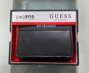 GUESS 110010 Men's Genuine Leather TRIFOLD Wallet Valet RFID Protection BLACK