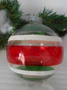 Vintage LG Unsilvered Radko Shiny Brite Stripe Ornament RED GREEN + WHITE Mica