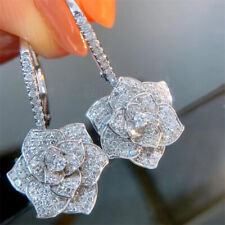 Women Flower Silver Plated Drop Earring Cubic Zircon Wedding Jewelry Gift
