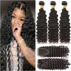 Deep Wave Brazilian Virgin Human Hair 3 Bundles=300G Closure Weave Weft Curly US