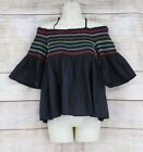 Umgee Womens Cold Shoulder Babydoll Top Shirt Sz Small Med Black Multi Stitching