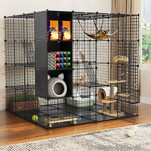 Cat Cage with Storage Cube DIY Indoor Catio Cat Enclosures Metal Cat Playpen