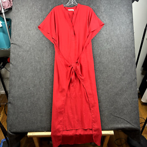 Vince Dress Women's Medium Red Tie-Front Slit Neck Poplin Midi Short Sleeve