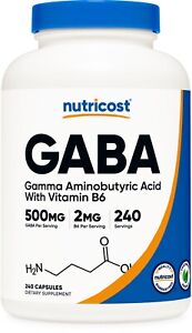 Nutricost GABA (Gamma Aminobutyric Acid) 500mg + Vitamin B6 2mg, 240 Capsules