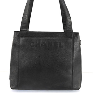 Authentic CHANEL Caviar Skin Medallion CC Logo Shoulder Tote Bag Black B1732SS60