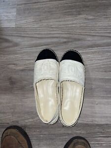 Authentic Chanel Canvas Cream & Black Espadrilles 41 Marked (Fits Like A 40)