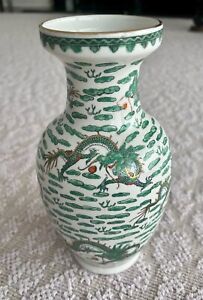 New ListingVintage Chinese Green & White Porcelain Hand Painted Dragon Vase