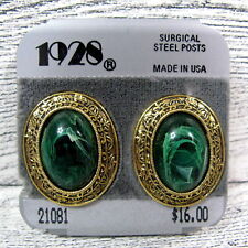 1928 Jewelry Co Earrings Green Simulated Jade Gold Tone Oval Victorian Style New