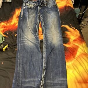 Rock Revival Blane Jeans Mens 32 Blue Dark Wash Bootcut Regular.