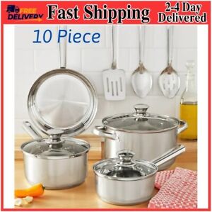 10 Piece Cookware Set Stainless Steel Pots & Pans Home Kitchen Cooking