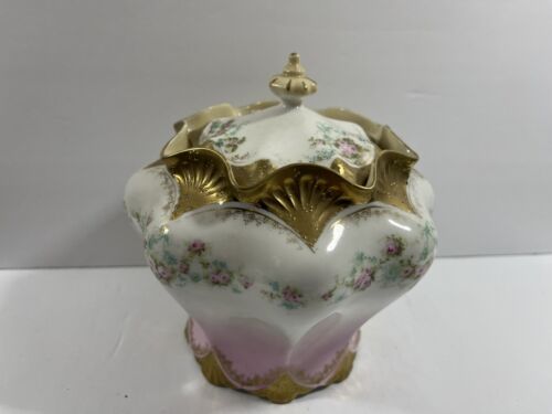 Antique RS Prussia Rose Gold Accented 6 1/2” Cookie Biscuit Jar with Lid