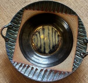 Hand Thrown Studio Art Pottery Handled Bowl Signed Stoneware 8-10” *DAMAGE