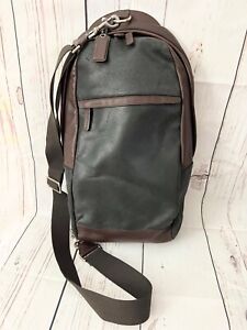 Coach Men's Sling Backpack Bag Black Brown Leather Distressed Dual Zip