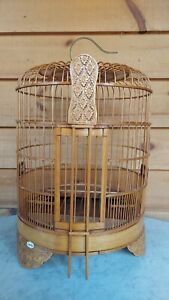 New ListingVINTAGE HOOKED BAMBOO WOODEN BIRDCAGE WITH CARVED RELIEF OF BIRDS & FLOWERS
