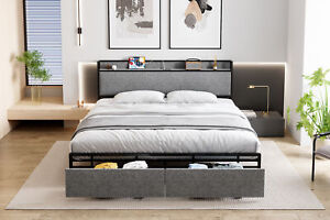 Full/Queen/King Size Platform Bed Frame With Storage &Charging Station Headboard