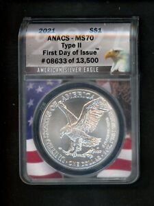 2021 TYPE II US American Silver Eagle Dollar $1.00 $1 ANACS MS70 UNC First Day