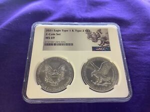 2021 $1 American Silver Eagle Type 1 & Type 2 NGC MS69 Reverse Label 2-Coin Set!