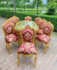 Gilded Elegance: 7-Piece French Louis XVI Dining Set with Red Damask Upholstery