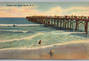 Kures Beach NC Postcard Fishing Pier Ocean View North Carolina Vintage Linen kid