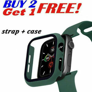 Silicone iWatch Band+Glass Screen Case For Apple Watch 9 8 7 6 5 4 32 SE 45/49mm