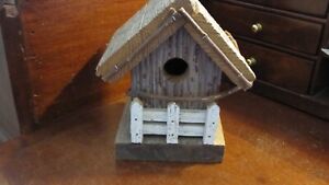 Rustic Handmade Vintage Wood Bird House White Picket Fence Barn Wood Roof Farm