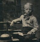 New ListingAntique Tintype Photo - Handsome Blonde Hair Boy w/ Tin Sand Pail & Shovel