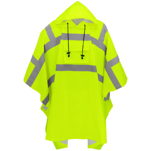 Yellow Safety Polyester Rain Poncho With Hoodie & Reflective Stripe One Size