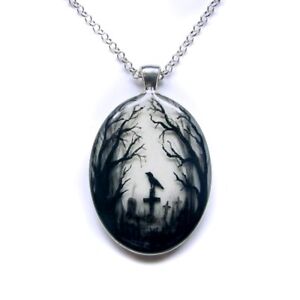 Raven Cemetery Oval Pendant Necklace, Witch Gothic Halloween Crow Jewelry Charm