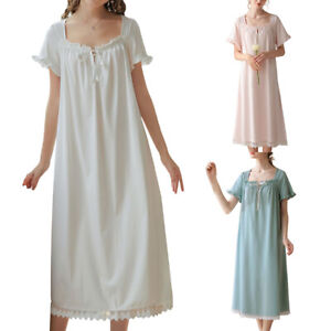 Womens Short Sleeve Victorian Nightgown Cotton Soft Square Neck Lace Sleep Dress