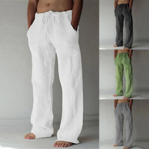Men's Cotton Linen Loose Pants Solid Color Casual Baggy Beach Trousers Summer