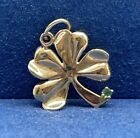 14K Yellow Gold Small Leaf Clover w/ Small Green Stone Charm Pendant