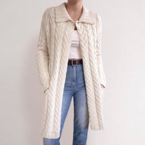 Garnet Hill Wool Cable Knit Cardigan Maxi Sweater Duster M Ivory Cream Open