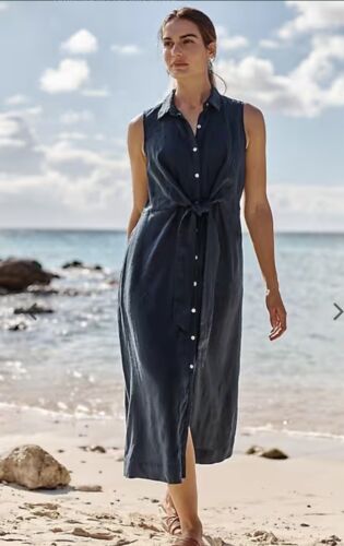 J Jill Love Linen Womens 3X Plus Navy ShirtDress Sleeveless Front Tie Dress