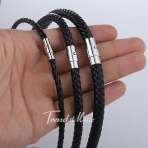 4/6/8MM Mens Black Braided Cord Rope Leather Necklace Choker w/ Magnetic Clasp