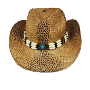 Faux Snake Skin Style NATURAL STRAW COWBOY HAT Beads SHAPEABLE Turquoise WESTERN