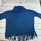 Terre Bleue Womens SWEATER XXL 2X Generous Teal Blue Cowl Leather Fringe