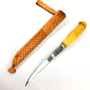 Vintage J. Marttiini Finland Fish Fillet Knife w/ Engraved Blade Leather Sheath