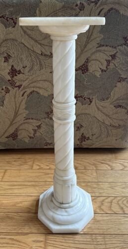 Antique White Marble Alabaster Empire Style Carved Column Pedestal Plant Stand