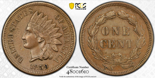 1859 Indian Cent PCGS Genuine Gold Shield AU Detail - First Year of Issue