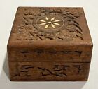 Vintage Carved Wooden Jewelry Trinket Box Floral Designs White Stone Inlay
