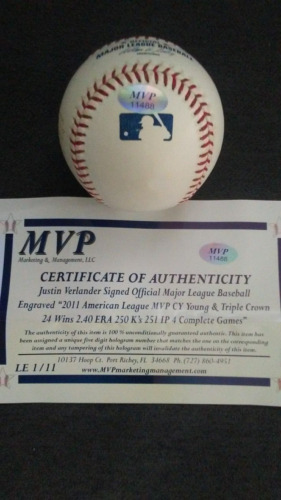 Justin Verlander Signed Rawlings Baseball / 2011 MVP / Cy Young / Triple Crown