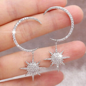925 Silver Plated Sun Moon Star Dangle Drop Earrings Women Jewelry Simulated