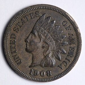1908 Indian Head Cent Penny AU E107 WF